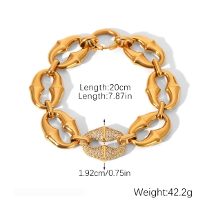 Bracelet Chaîne Femme En Acier Inoxydable Étanche Couleur Or Avec Zircon, Forme Ellipse Florale De Luxe Pour Tous Les Jours h5 Image2