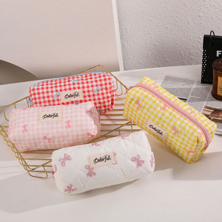 Pochettes à stylos à carreaux en polyester doux avec nœud papillon, collection Simple Series