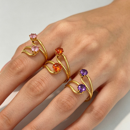 Bagues pour femmes en acier inoxydable de forme simple et irrégulière, étanches, couleur or, serties de zircon. 2