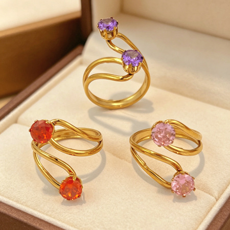 Bagues pour femmes en acier inoxydable de forme simple et irrégulière, étanches, couleur or, serties de zircon.