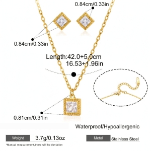 Ensembles De Colliers Pour Femmes En Acier Inoxydable Rectangulaire Étanche Couleur Or Avec Zircon h5 