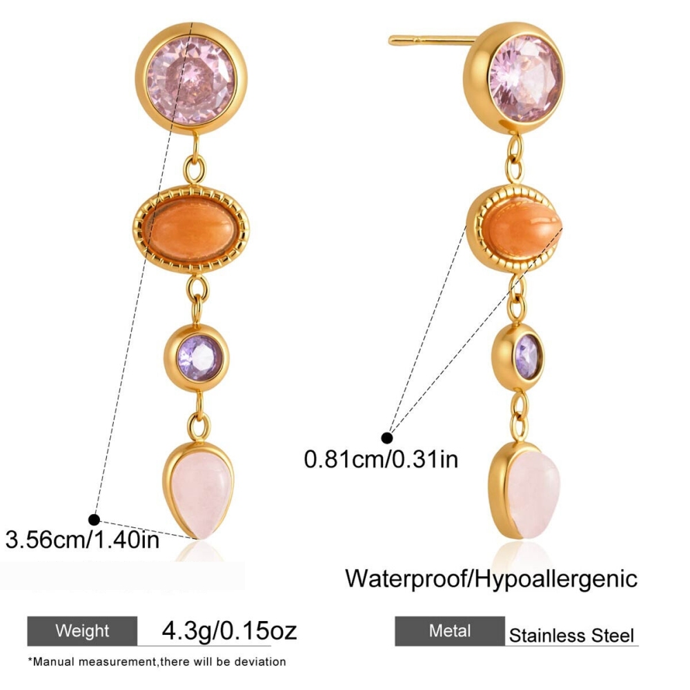 Boucles D'Oreilles Pendantes Rétro À Pompons En Acier Inoxydable, Étanches, Couleur Or, Avec Pierre Naturelle Et Zircon. 