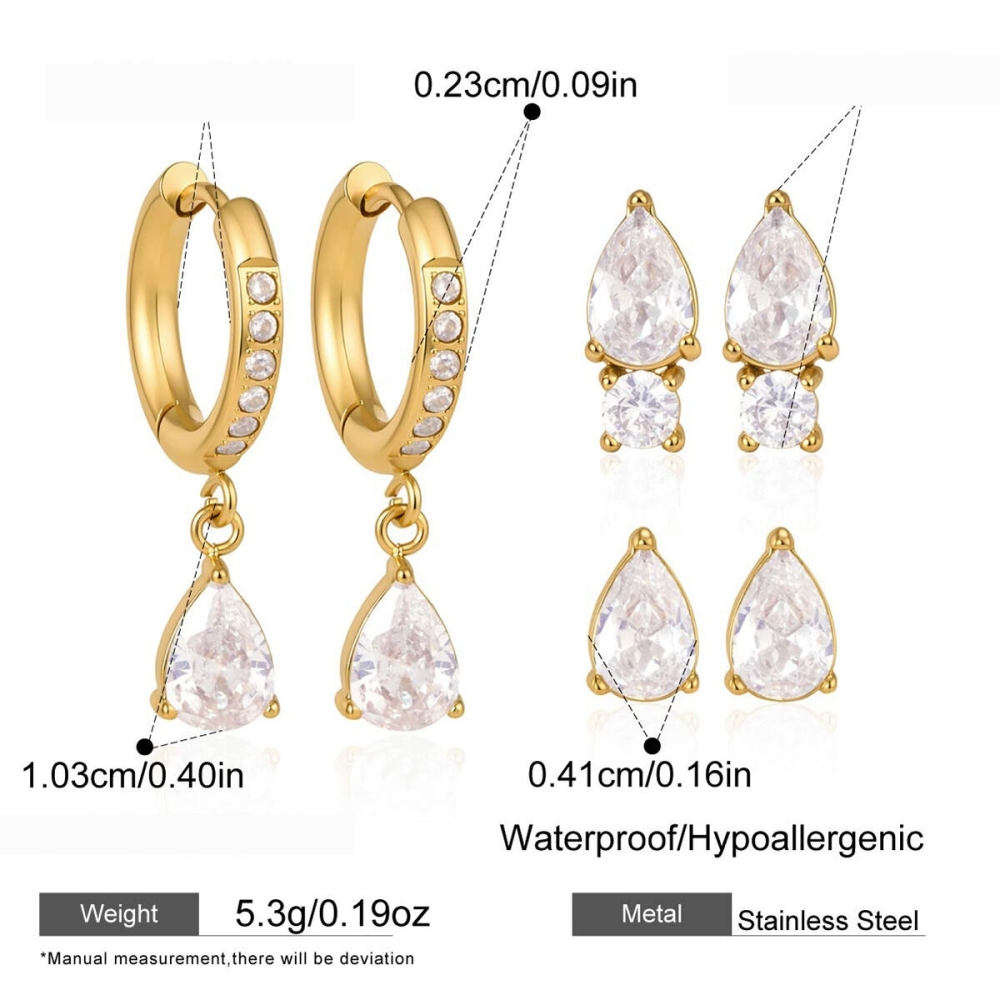 Boucles D'Oreilles Pour Femmes En Acier Inoxydable Imperméable, Couleur Or, Avec Zircon Et Motif Goutte Simple 