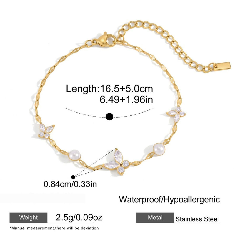Bracelet Chaîne Femme En Acier Inoxydable Doré Avec Zircon Et Motif Papillon Doux, Collection Romantique 