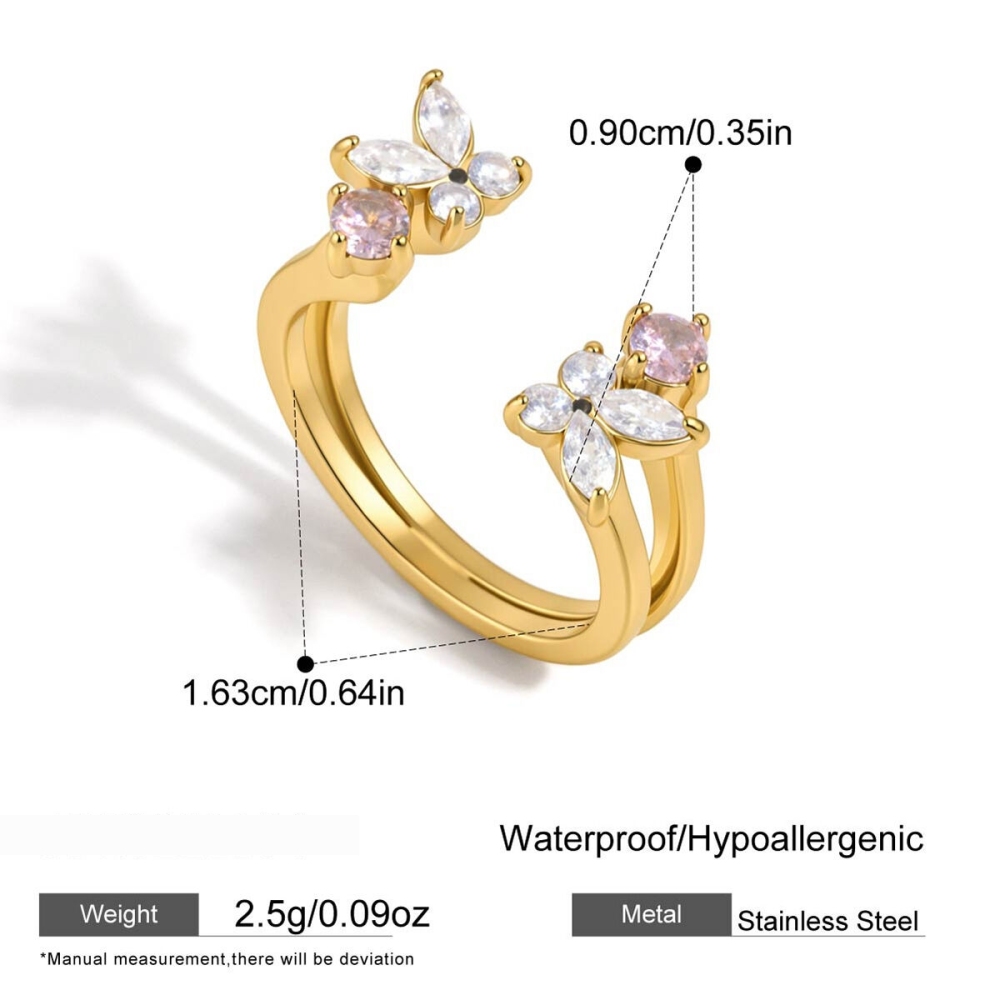 Bagues Pour Femmes En Acier Inoxydable Doré, Ornées De Zircon Et Serties De Pierres Précieuses, Collection Romantique Sweet Butterfly 