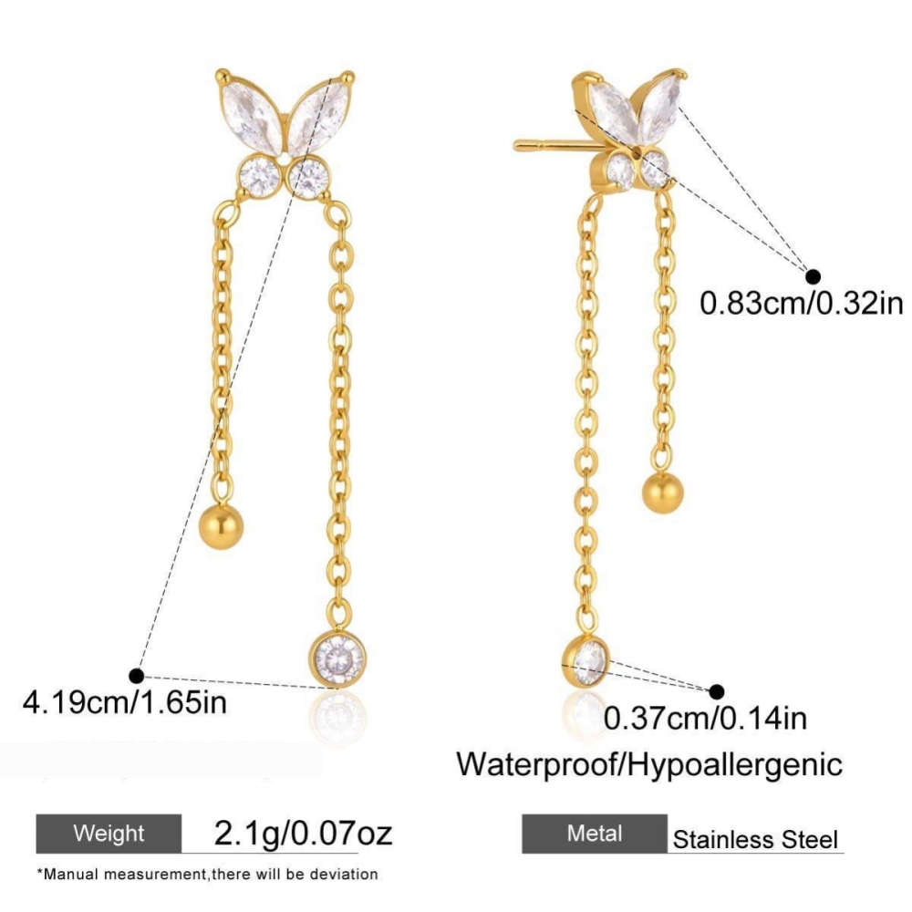 Boucles D'Oreilles Pendantes Pour Femme, Collection Romantique, Avec Pompon Et Papillon, En Acier Inoxydable Étanche, Couleur Or Et Zircon. 