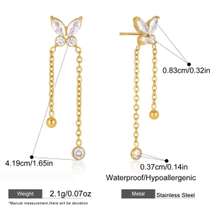 Boucles D'Oreilles Pendantes Pour Femme, Collection Romantique, Avec Pompon Et Papillon, En Acier Inoxydable Étanche, Couleur Or Et Zircon. h5 