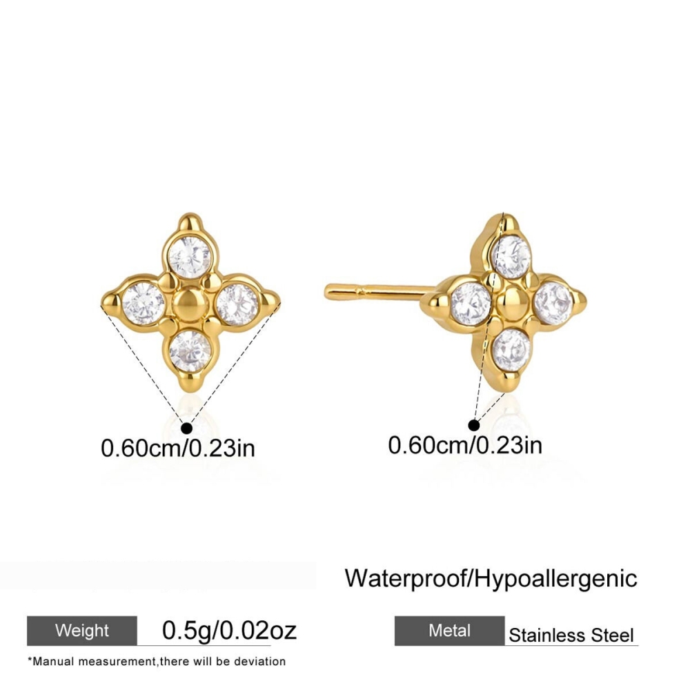 Boucles D'Oreilles Puces Pour Femmes Simple Clover En Acier Inoxydable Étanche Couleur Or Et Zircon