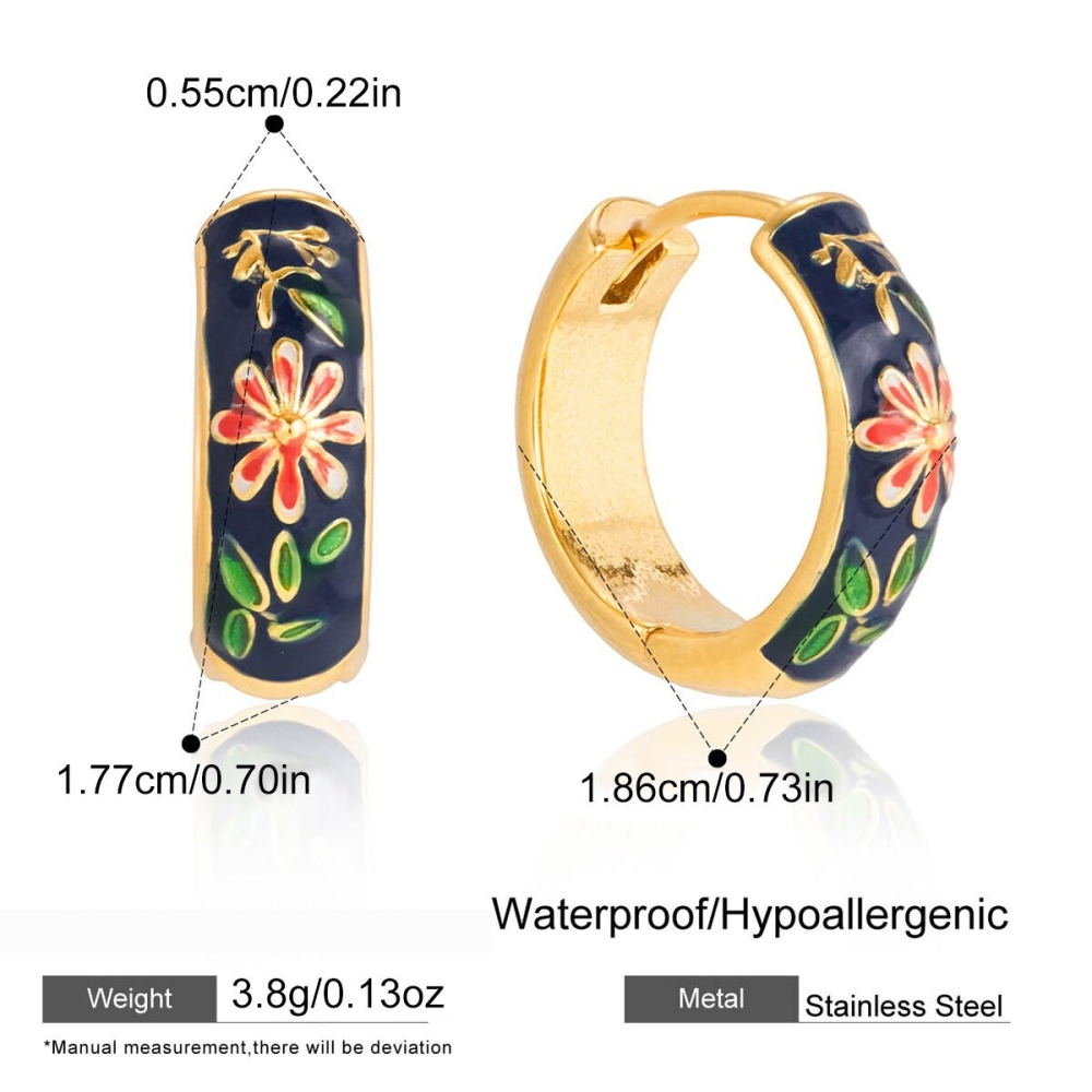 Boucles D'Oreilles Créoles Élégantes En Acier Inoxydable Doré, Style Classique, Avec Motif Floral.