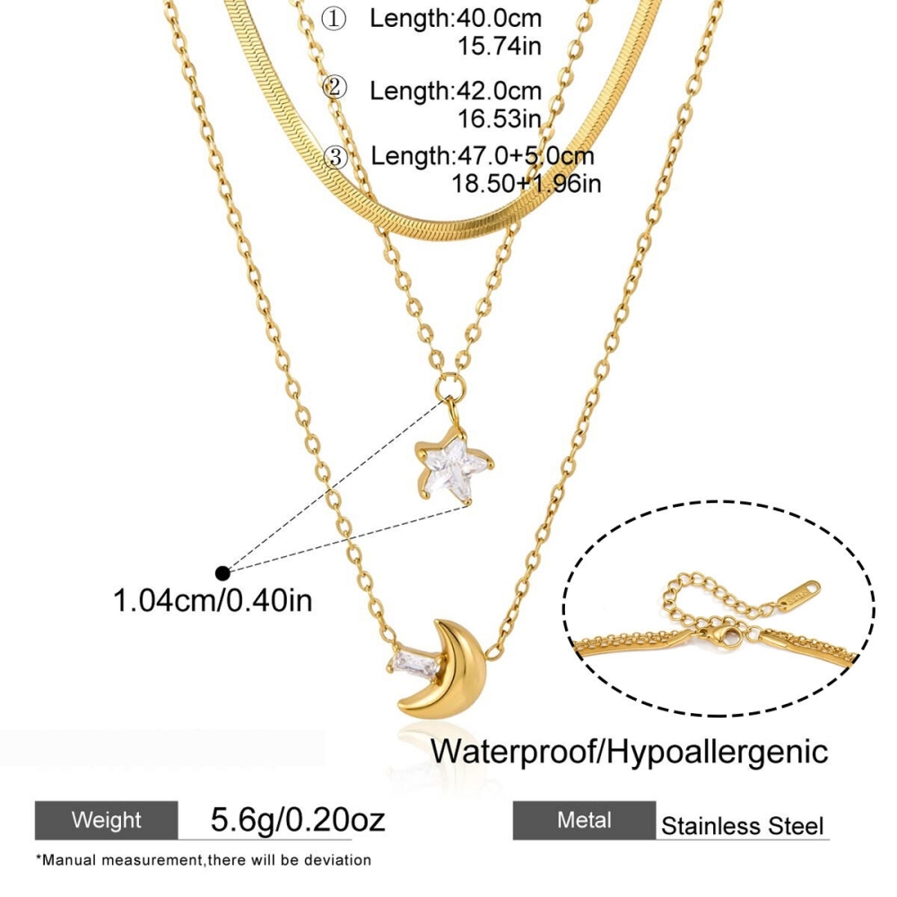 Colliers Superposés Pour Femmes, Collection Simple Series Daily Star Moon, En Acier Inoxydable, Couleur Or, Avec Zircon Et Monture Étanche. 