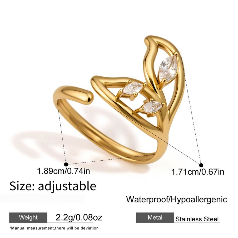 Bagues Pour Femmes En Acier Inoxydable Doré, Imperméables, Serties De Zircon Et Ornées D'Un Motif Goutte D'Eau Élégant Et De Poisson. Collection Luxueuse. 