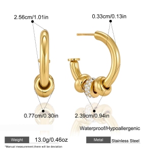 Boucles D'Oreilles Puces Élégantes Et Rondes En Acier Inoxydable Doré Et Zircon, Pour Femmes, Collection Luxueuse. h5