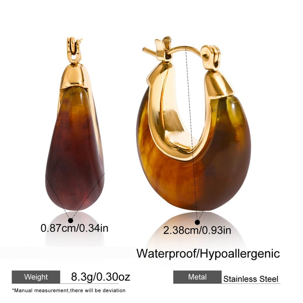 Boucles D'Oreilles Créoles Pour Femmes, Style Rétro, Forme Elliptique, En Acier Inoxydable, Couleur Or, Étanches, Avec Monture En Acrylique. 