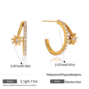 Boucles D'Oreilles Puces Pour Femmes, Collection Simple, Sweet Star Circle, En Acier Inoxydable, Étanches, Couleur Or, Avec Zircon. h5