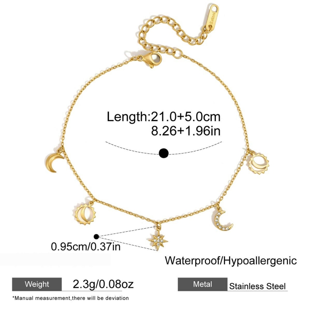 Bracelet De Cheville Simple Series Retro Soleil Et Lune En Acier Inoxydable Étanche Couleur Or 