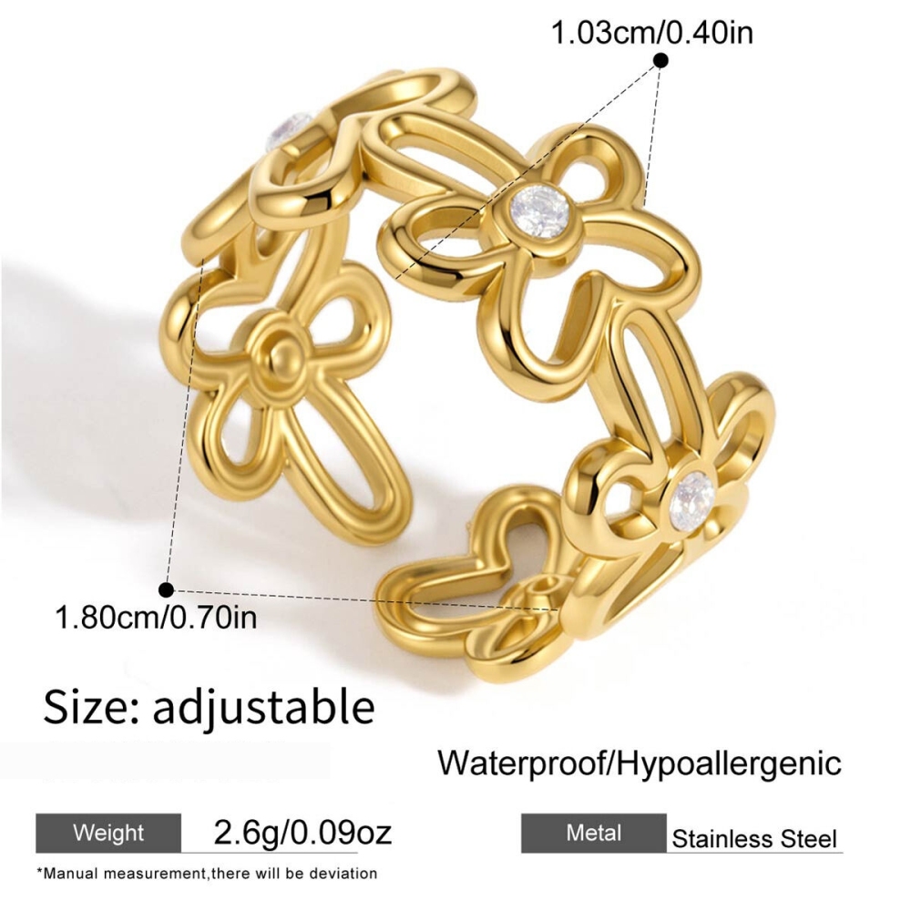 Bagues En Acier Inoxydable Étanches Sweet Flower Avec Zircon Doré 