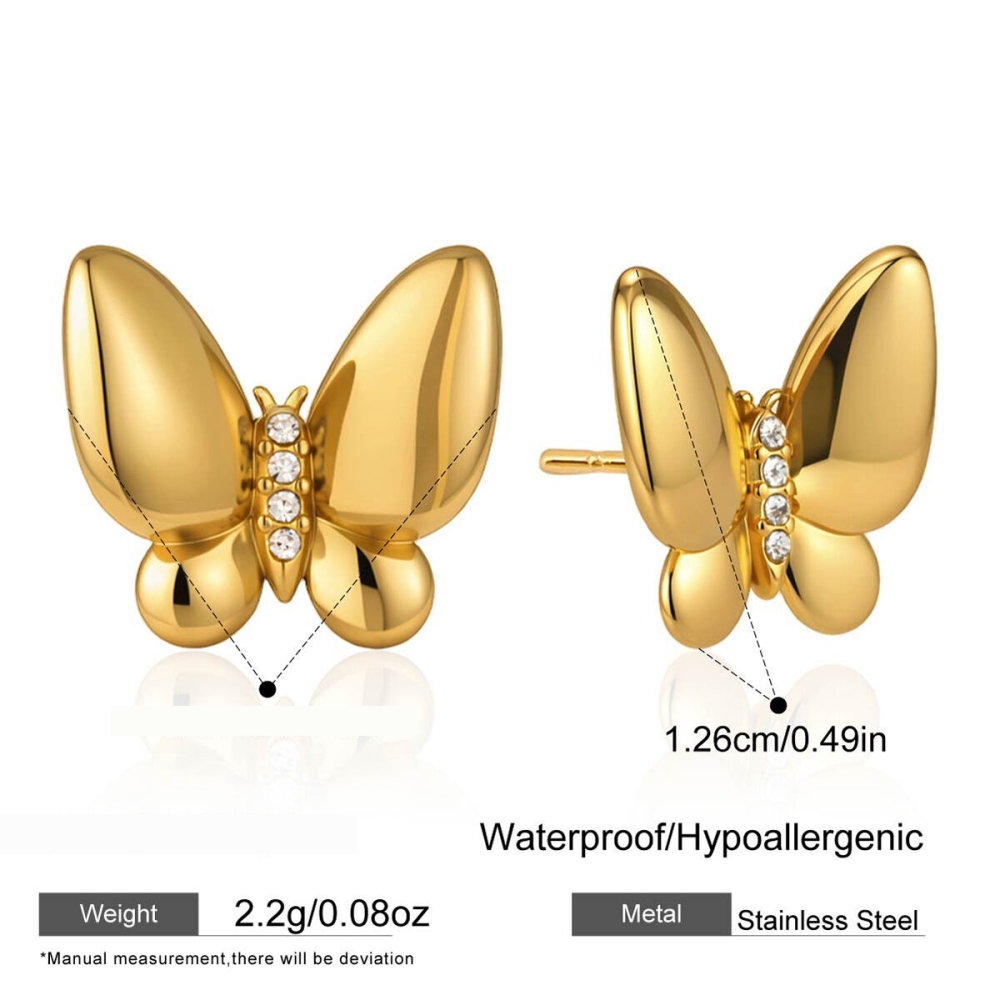 Boucles D'Oreilles Papillon Douces En Acier Inoxydable, Étanches, Couleur Or, Avec Zircon.