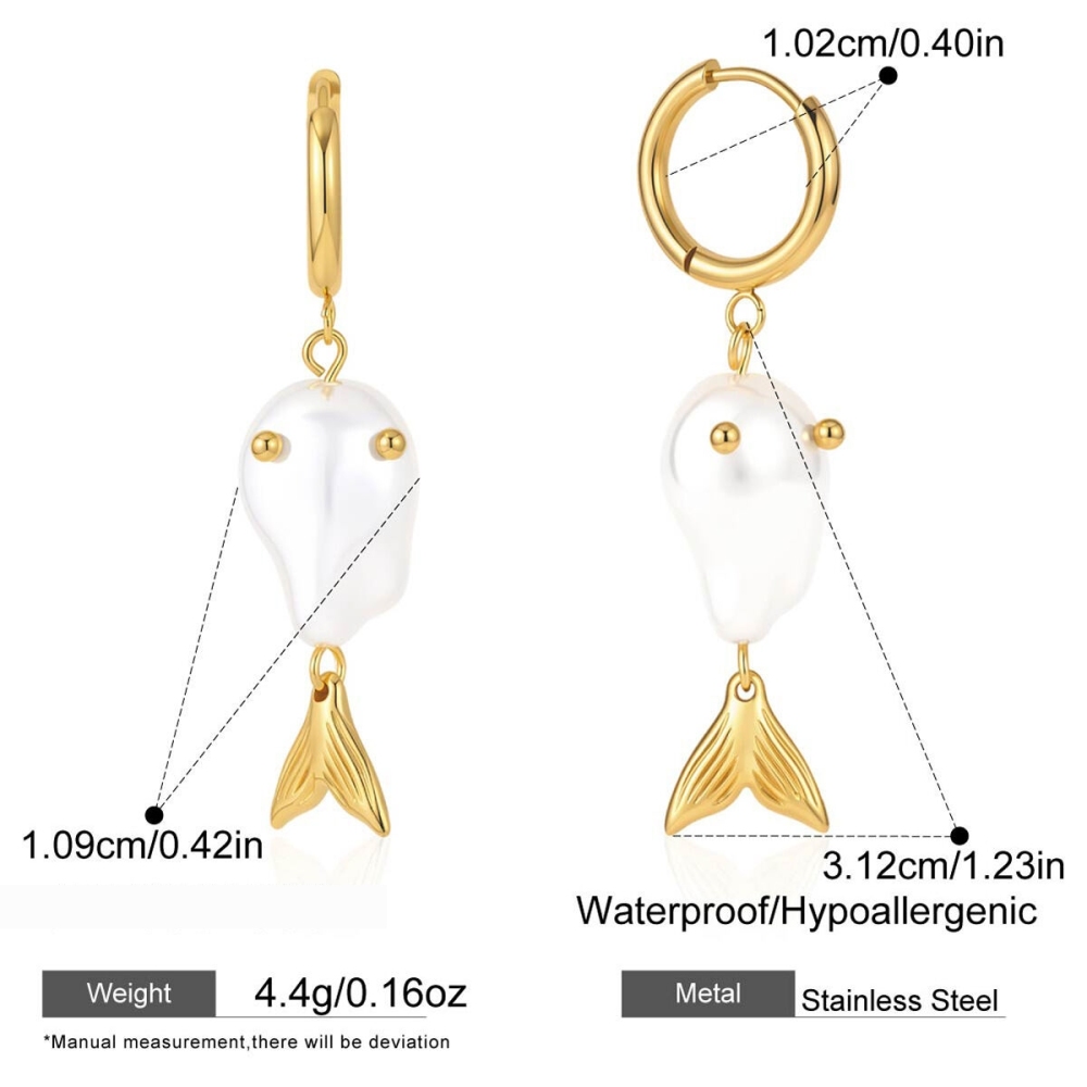 Boucles D'Oreilles Pendantes Pour Femme, Style Océanique, En Acier Inoxydable, Forme De Poisson, Couleur Or, Imperméables, Avec Perles