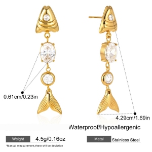 Boucles D'Oreilles Pendantes Pour Femme, Style Rétro, En Acier Inoxydable, Couleur Or, Avec Zircon, Résistantes À L'Eau. Motif Poisson. Collection Luxueuse. h5 