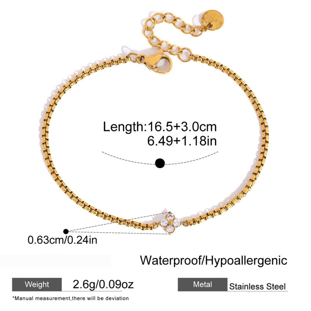 Bracelet Chaîne Pour Femme En Acier Inoxydable, Couleur Or, Orné De Zircon, Style Trèfle Simple Et Luxueux 