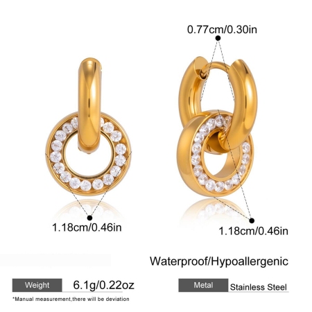 Boucles d'oreilles pendantes pour femmes, rondes, en acier inoxydable étanche, couleur or, avec zircon.