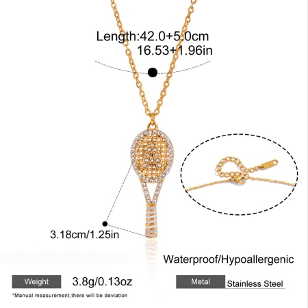 Collier pendentif femme en forme de raquette de tennis, acier inoxydable, étanche, couleur or, zircon