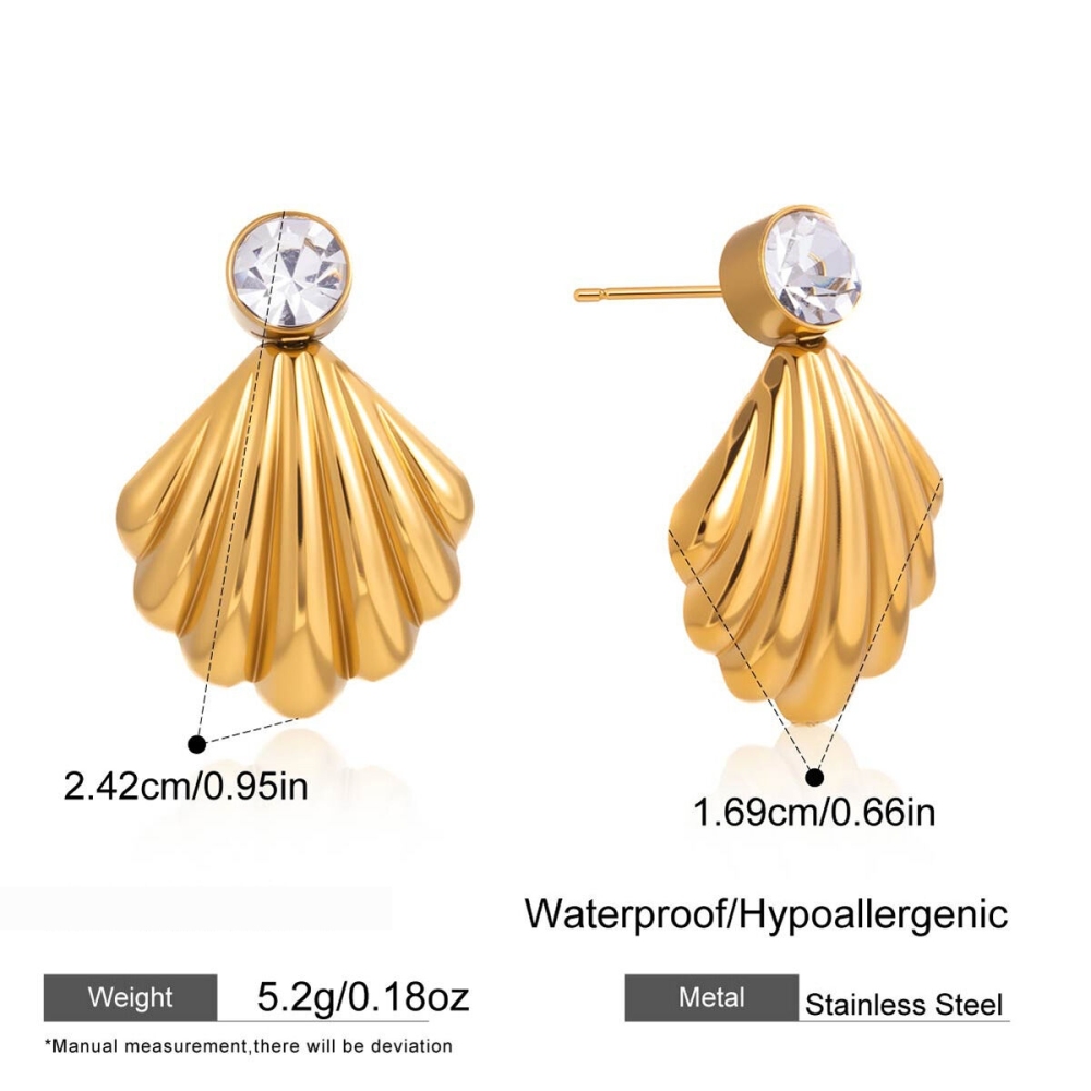 Boucles D'Oreilles Puces Pour Femmes En Acier Inoxydable, Imperméables, Couleur Or, Avec Zircon Et Motif Coquillage.