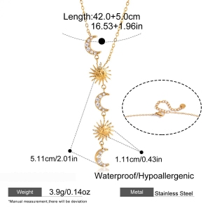 Colliers Pendentifs Pour Femmes En Acier Inoxydable Étanche, Forme Y, Ornés De Strass, Représentant Le Soleil Et La Lune h5 