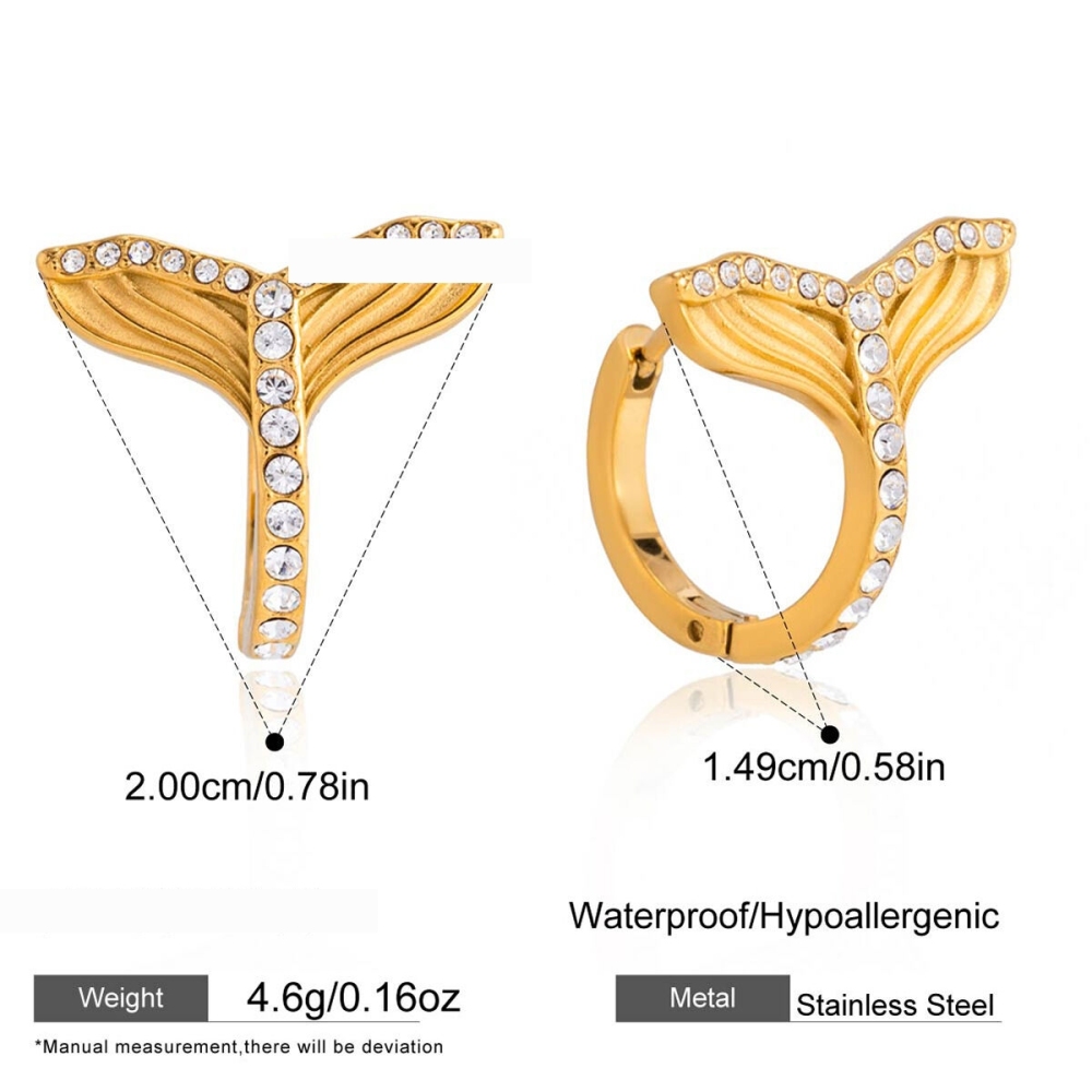 Boucles D'Oreilles Créoles Pour Femmes, En Acier Inoxydable Doré, Étanches, En Forme De Queue De Poisson, Ornées De Strass.