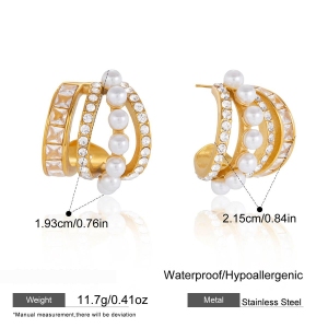 Boucles D'Oreilles Puces Élégantes Rondes Pour Femmes, En Acier Inoxydable, Étanches, Couleur Or, Avec Zircon Et Perle. h5