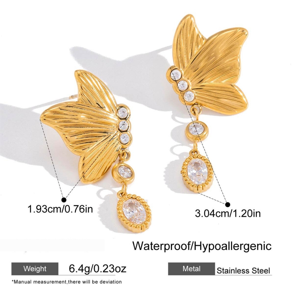 Boucles D'Oreilles Puces Pour Femmes, Motif Papillon Romantique, En Acier Inoxydable, Étanches, Couleur Or Et Zircon. 