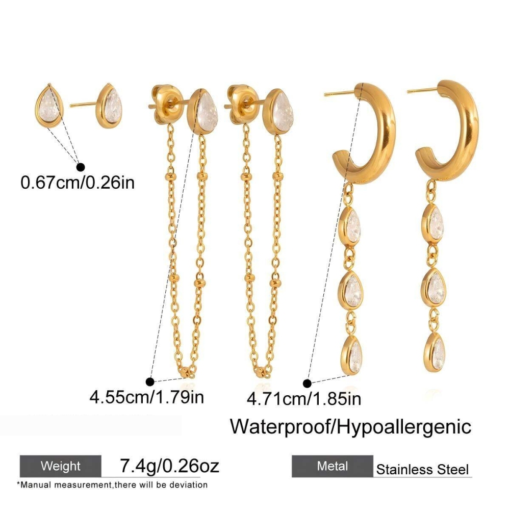 Boucles D'Oreilles Pour Femmes En Acier Inoxydable Doré, Imperméables Et Anti-Ternissement, Ornées De Zircon Et De Pampilles En Forme De Goutte. Image2