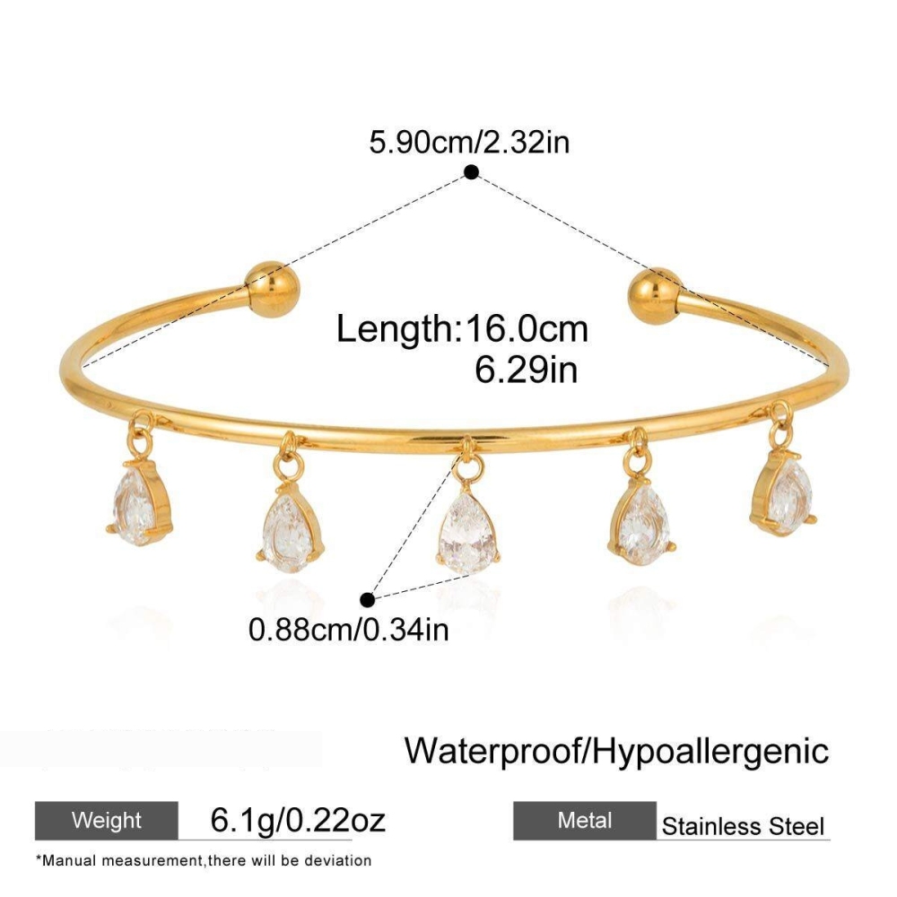 Bracelet Manchette Femme En Acier Inoxydable Doré Avec Zircon, Orné D'Une Goutte D'Eau, Étanche Et Anti-Ternissement. h5Image2