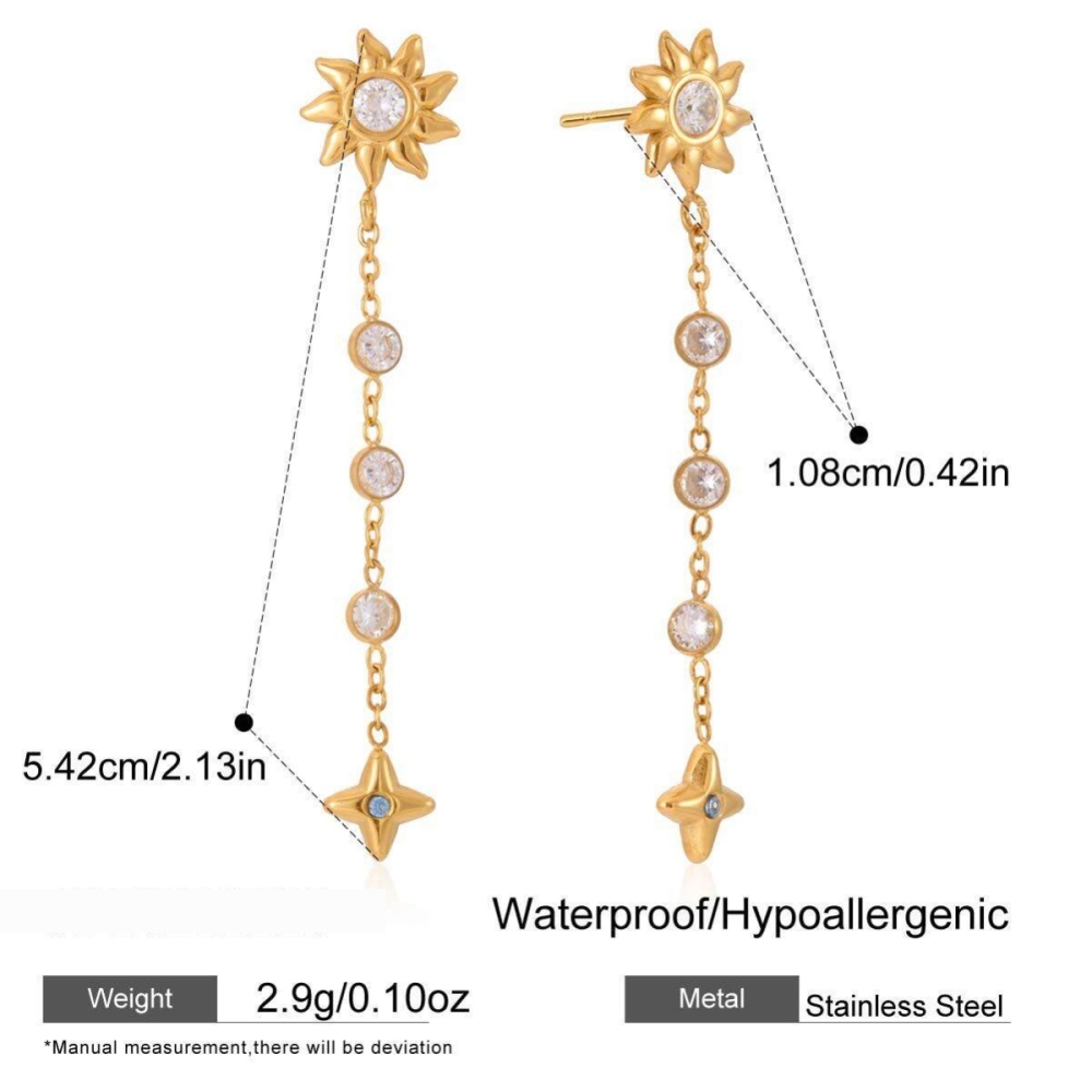 Boucles D'Oreilles Rétro Soleil, Étoile Et Lune En Acier Inoxydable Doré Avec Zircon, Imperméables Et Anti-Ternissement Image2