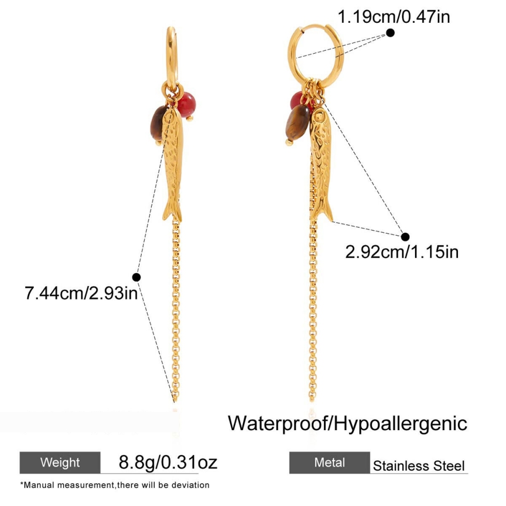 Boucles D'Oreilles Pendantes Pour Femme, Style Vintage, En Acier Inoxydable Doré, Imperméables Et Anti-Ternissement, Motif Poisson À Chaîne. Image2