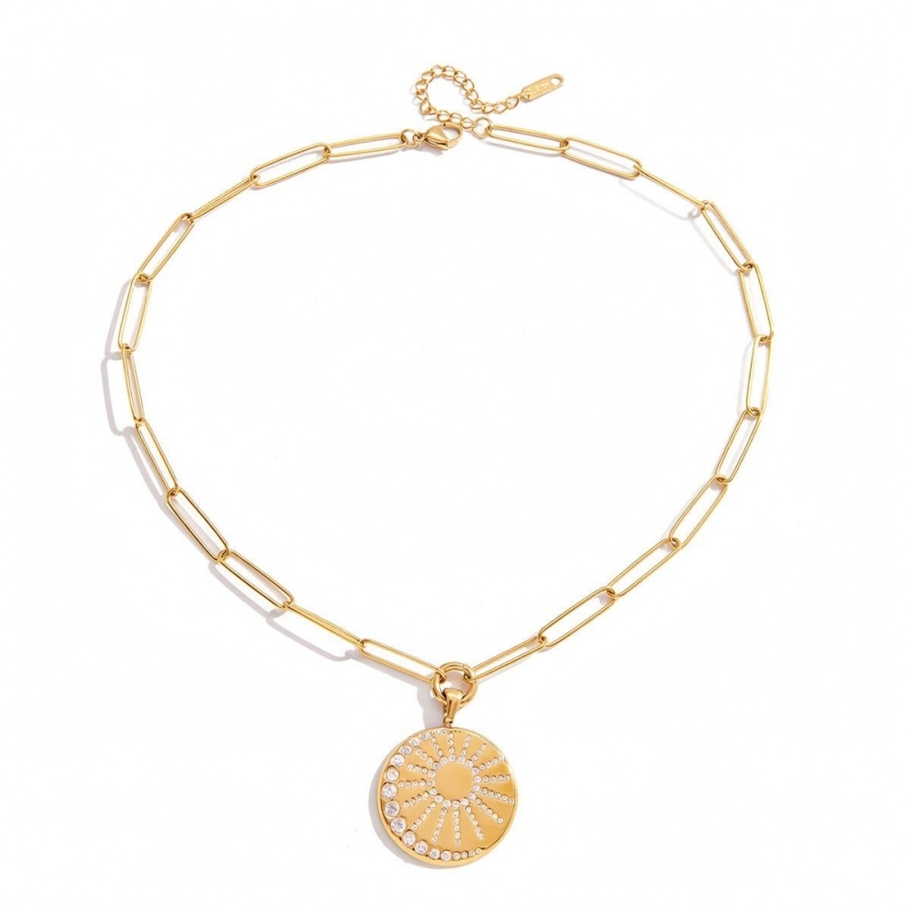Collier Pendentif Discret Pour Femme, Motif Cercle Soleil, En Acier Inoxydable Doré, Étanche Et Anti-Ternissement.
