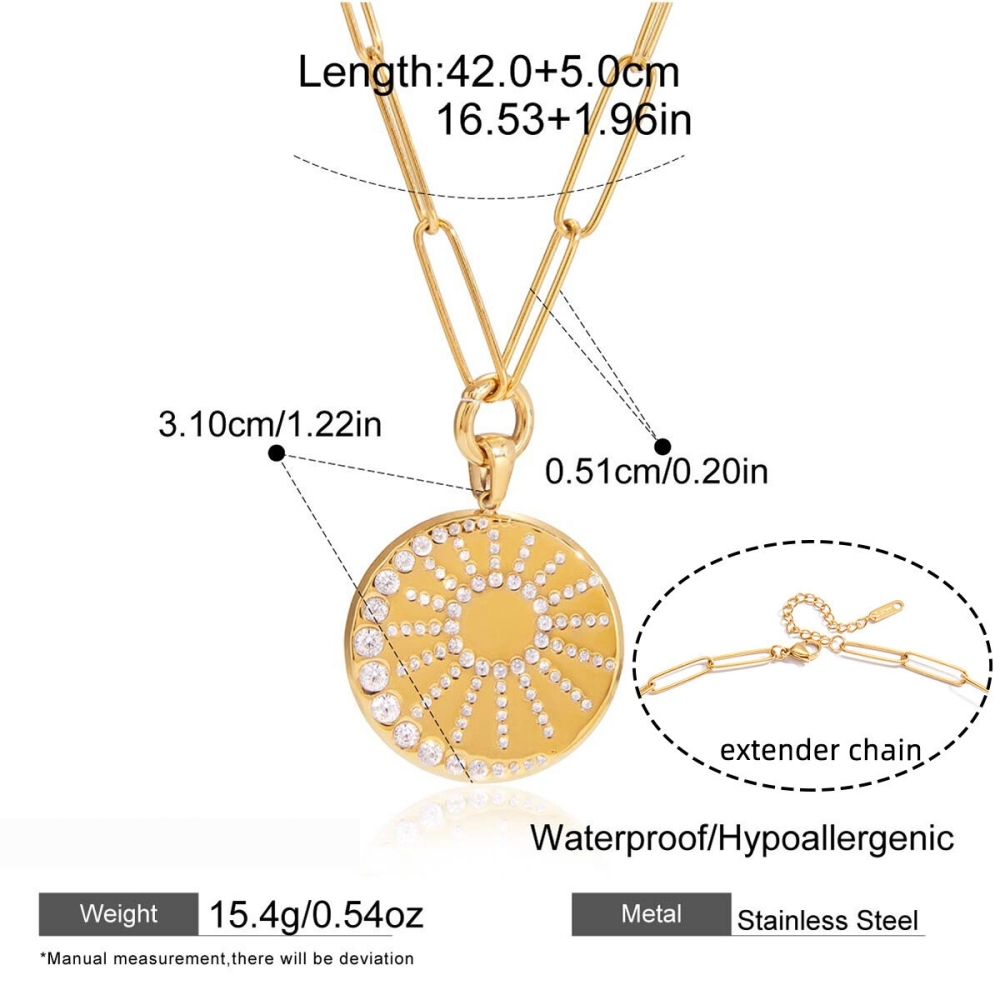 Collier Pendentif Discret Pour Femme, Motif Cercle Soleil, En Acier Inoxydable Doré, Étanche Et Anti-Ternissement. h5Image2