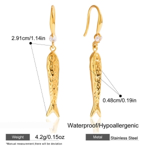 Boucles D'Oreilles Pendantes Pour Femme, En Acier Inoxydable Doré, Imperméables Et Anti-Ternissement, Avec Motif Poisson Et Détails Simples. h5 Image2