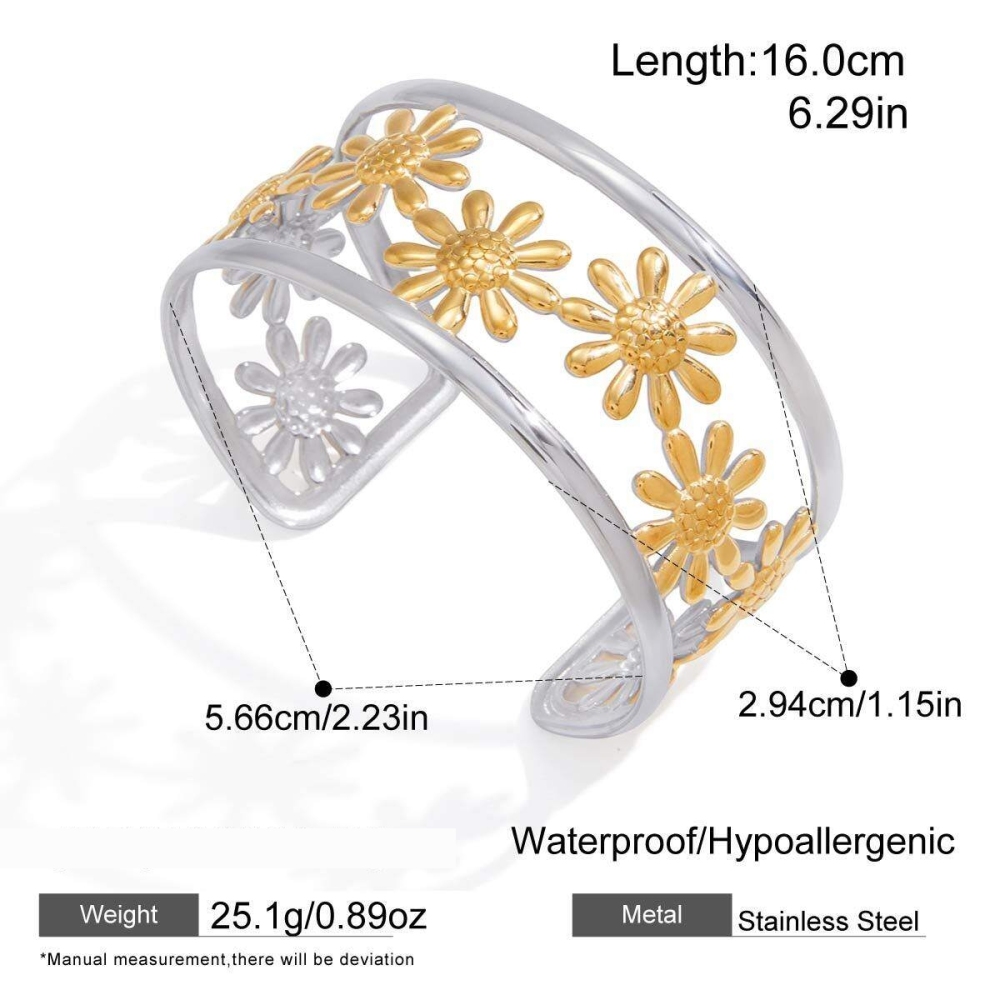 Bracelets Manchettes Classiques Daisy En Acier Inoxydable, Imperméables Et Anti-Ternissement, Aux Couleurs Or Et Argent.