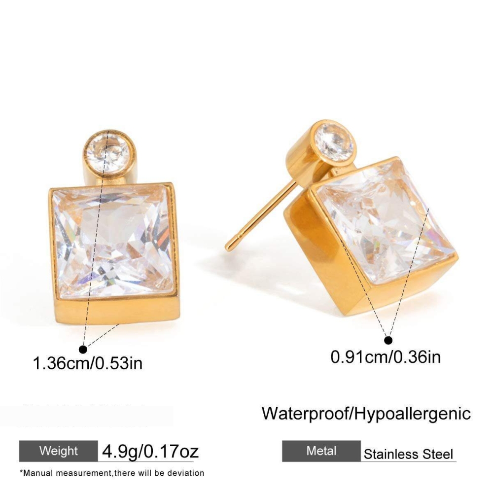 Boucles D'Oreilles Puces Carrées Simples En Acier Inoxydable Doré Avec Zircon, Imperméables Et Anti-Ternissement Pour Femmes Image2