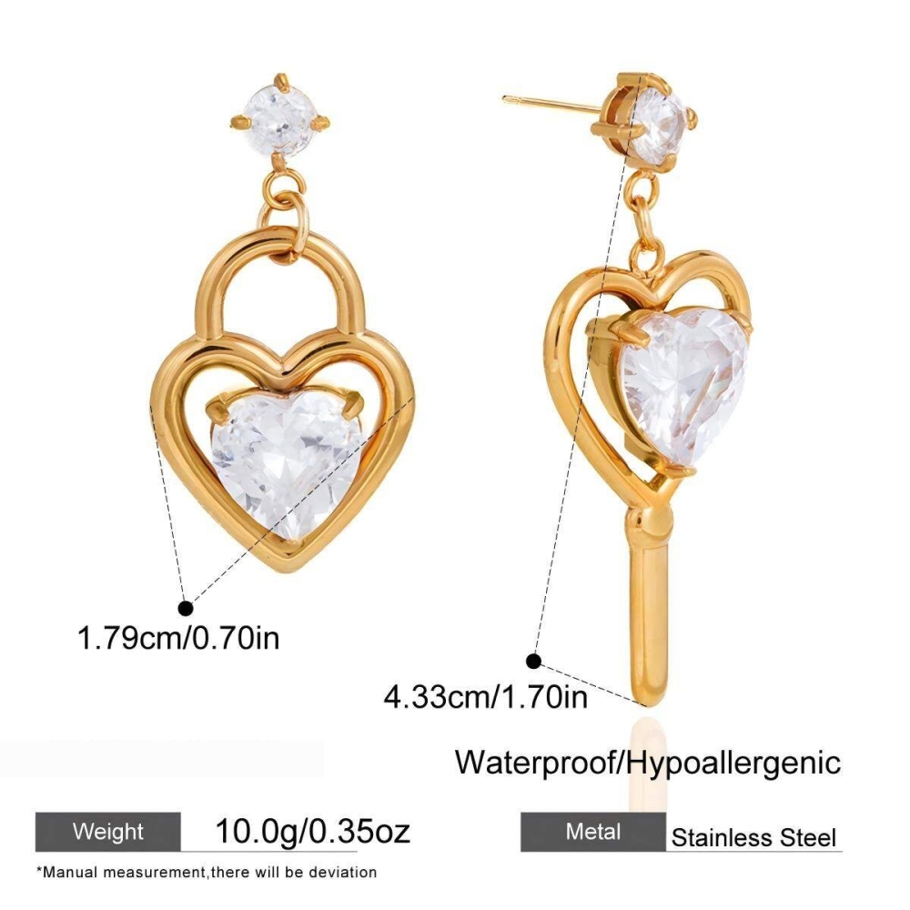 Boucles D'Oreilles Pendantes Pour Femme, En Acier Inoxydable Doré, Forme Cœur Romantique, Zircon, Étanches Et Anti-Ternissement. Image2