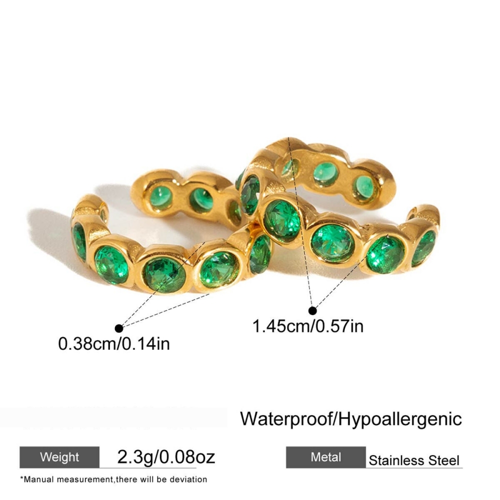 Boucles D'Oreilles Manchette Pour Femmes En Acier Inoxydable Doré, Ornées D'Un Zircon Vert Audacieux, Imperméables Et Anti-Ternissement Image2
