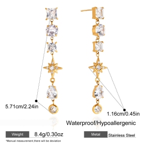 Boucles D'Oreilles De Soirée Pour Femmes, En Acier Inoxydable Doré, Imperméables Et Anti-Ternissement, Ornées De Zircon, Motif Étoile Géométrique h5 Image2