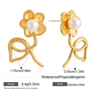 1 Paire De Boucles D'Oreilles Puces Chics À Fleurs En Acier Inoxydable Étanche Couleur Or Pour Femme h5 Image2