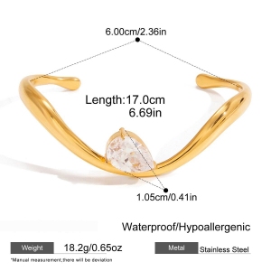 Bracelet Manchette Élégant Et Incurvé En Acier Inoxydable, Étanche, Couleur Or, Avec Zircon, Pour Femme (1 Pièce). h5 Image2