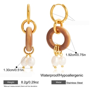 1 Paire De Boucles D'Oreilles Pendantes Rétro En Bois, Acier Inoxydable Étanche, Couleur Or, Pour Femme h5 Image2