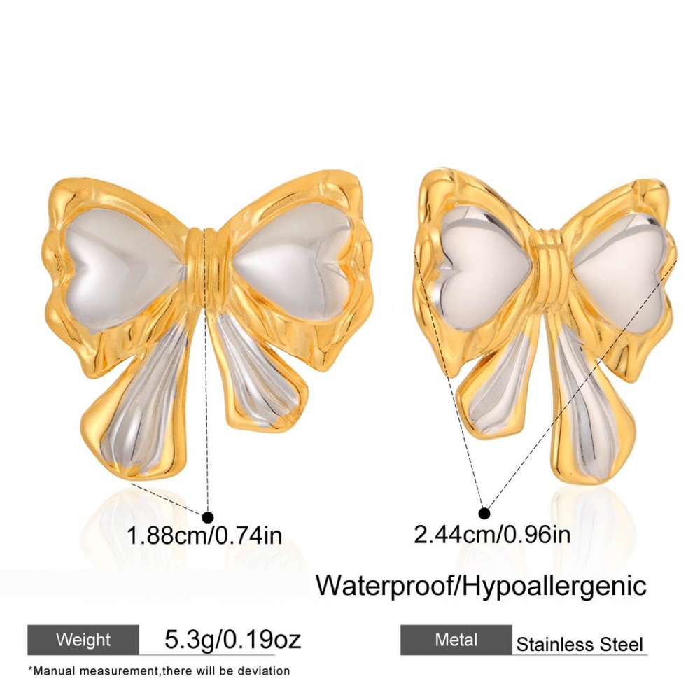 Boucles D'Oreilles Puces Pour Femme, En Acier Inoxydable Imperméable, Avec Nœud Papillon Romantique, Couleurs Or Et Argent. 1 Paire. Image2