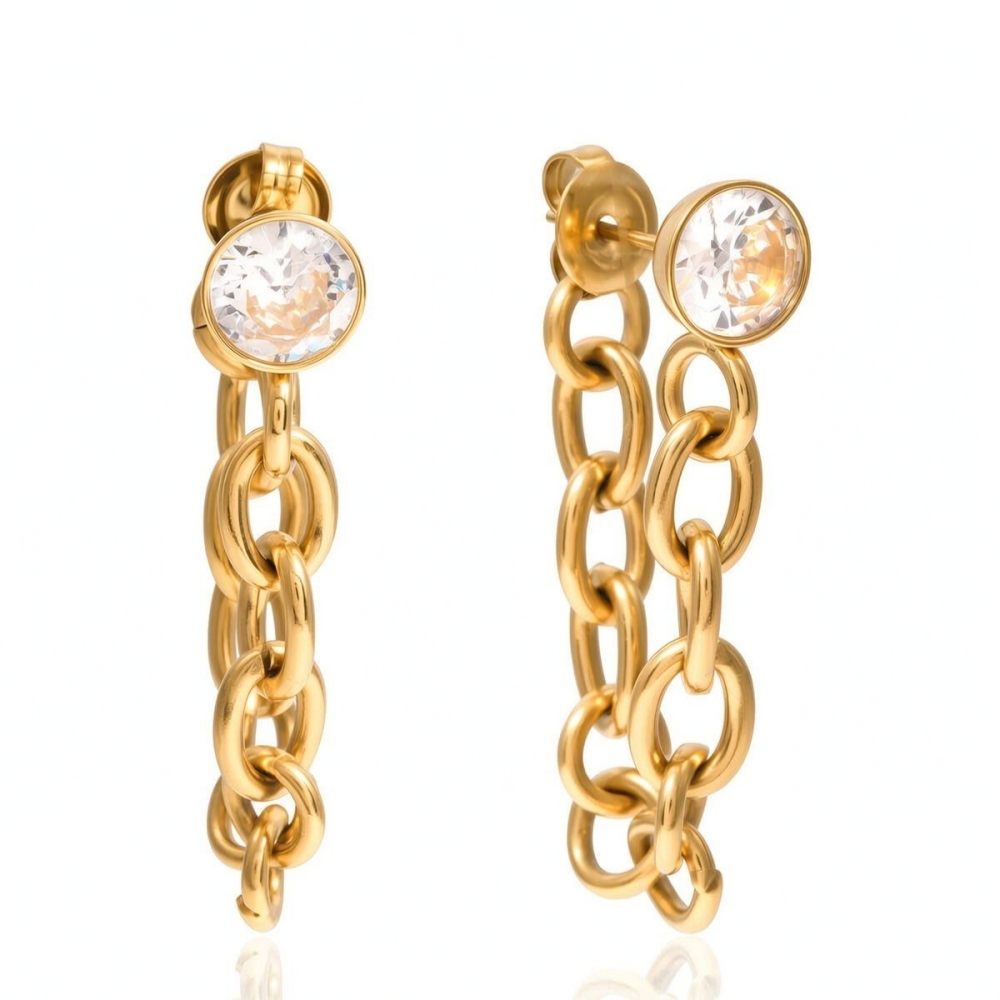 Boucles D'Oreilles Pendantes Pour Femme, En Acier Inoxydable Doré, Avec Zircon Et Chaîne Classique (1 Paire). 