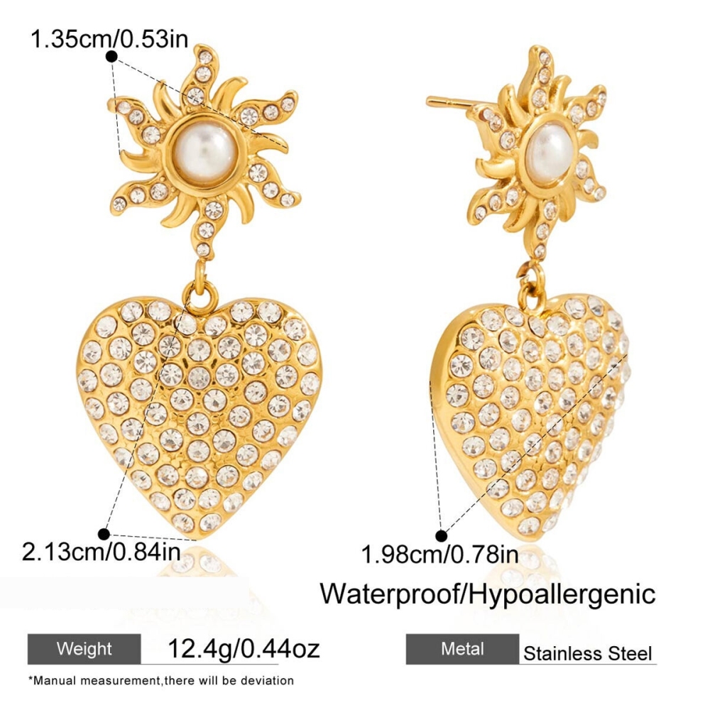 Boucles D'Oreilles Pendantes Pour Femme, En Acier Inoxydable Doré, Motif Cœur Et Soleil, Étanches, 1 Paire Image2