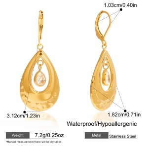 Boucles D'Oreilles Pendantes Pour Femme, En Acier Inoxydable Doré, Étanches, Ornées De Zircon, Avec Un Lustrage En Forme De Goutte. 1 Paire h5 Image2